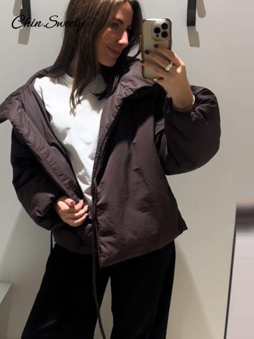 Imagen de Chaqueta acolchada con cordones lisos para mujer, chaquetas holgadas informales con cuello levantado y manga larga para invierno, prendas de vestir para uso diario 2025