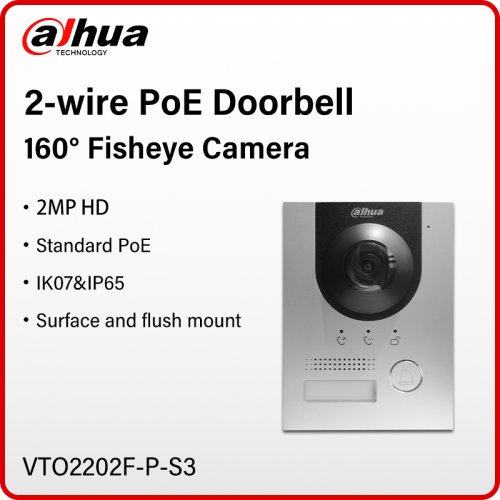 Zdjęcie Dahua 2-przewodowy wideodomofon PoE VTO2202F-P-S3 2MP IP 160 °   Kamera dzwonkowa typu rybie oko do montażu powierzchniowego i podtynkowego IP65 IK07 H.265