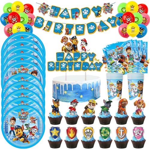 Image of Paw Patrol Birthday Party Decoration Set with Tableware, Balloons, Banner, Cake Toppers, Gift Bags & More for Kids' Celebration
