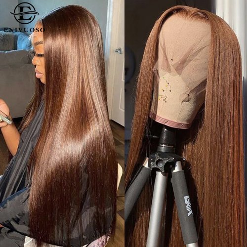 Image of Silky Straight Chocolate Brown Lace Front Synthetic Wig with Baby Hair – 13x4 Invisible Part for Natural Look & Effortless Styling