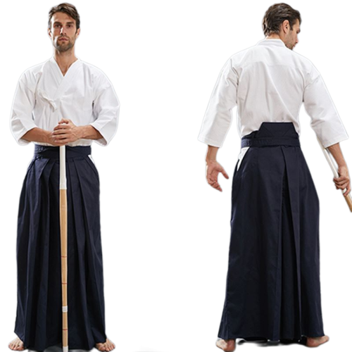 Image of Premium Cotton Aikido Gi Uniform with Hapkido Pants, Kendo Hakama – Black, Deep Blue & White Traditional Japanese Samurai Keikogi for Martial Arts Training