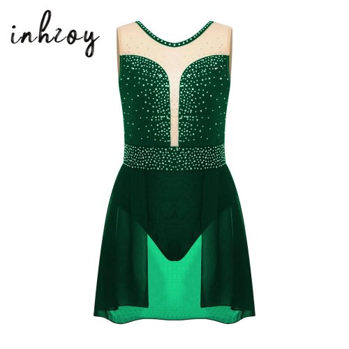 Imagen de Vestido de Danza Lírica para Niñas con Leotardo Sin Mangas, Tutú de Ballet y Diamantes de Imitación - Ideal para Actuaciones, Patinaje Artístico y Gimnasia Rítmica