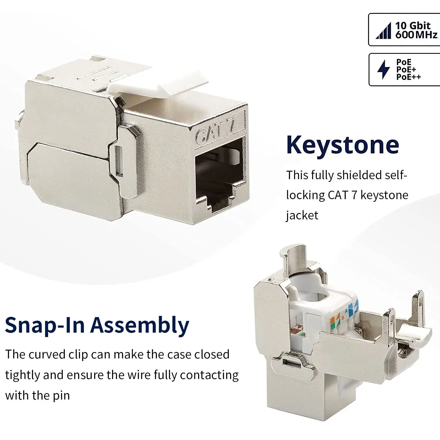 Image of Zoerax Cat7 Keystone Jack RJ45 STP Tool-Free Zinc Alloy Module with Adapter Coupler for 22-26 AWG Ethernet Cables