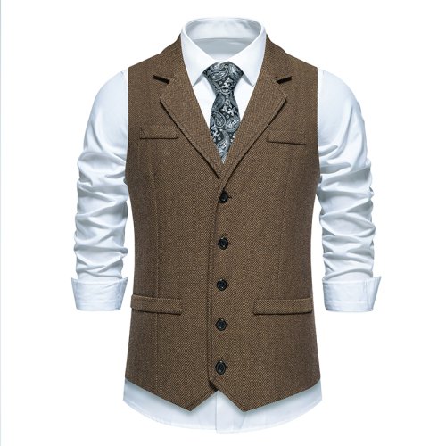 Image of Men's Autumn Herringbone Tweed Vest with Multiple Pockets – British Vintage Style Casual Suit Waistcoat for Gentleman Leisure and Parties