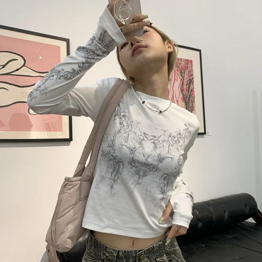 Bild von Vintage Frauen Kleidung y2k T-Shirts Blusas O-Ausschnitt Langarm Print Tunika Frau Kleidung Mode lässig Crop Tops Shirts