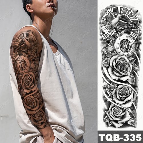 Bild von Große vollständige Armmanschette – Wasserdichte temporäre Tattoo-Aufkleber mit Uhr, Rose, Blume, Taube, Vogel und Tier-Totem für Männer und Frauen als Körperkunst für Arm und Bein