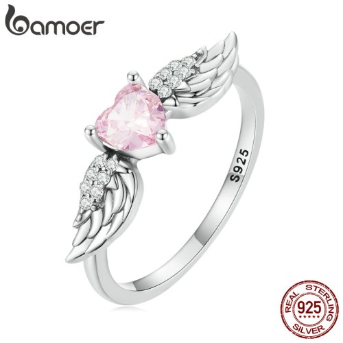 Immagine di Anello in Argento Sterling 925 con Ali di Angelo e Cuore Rosa Zircone – Gioiello Elegante per Donne, Regalo Perfetto per Anniversario o San Valentino