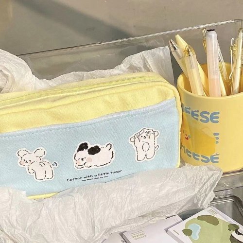 Image of Adorable Puppy Print Zipper Pencil Bag – Large Capacity Multi-Function Stationery Case for Students, Perfect School Supply Storage Organizer