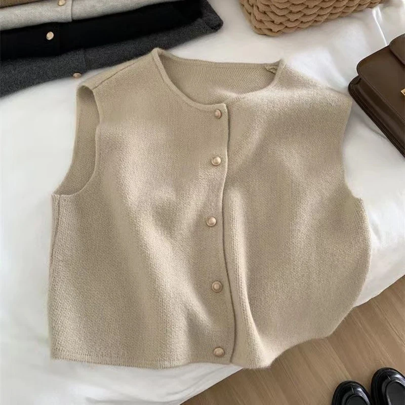 Imagen de Tanques básicos para mujer, cárdigan coreano de punto de otoño, Tops informales lisos sin mangas que...