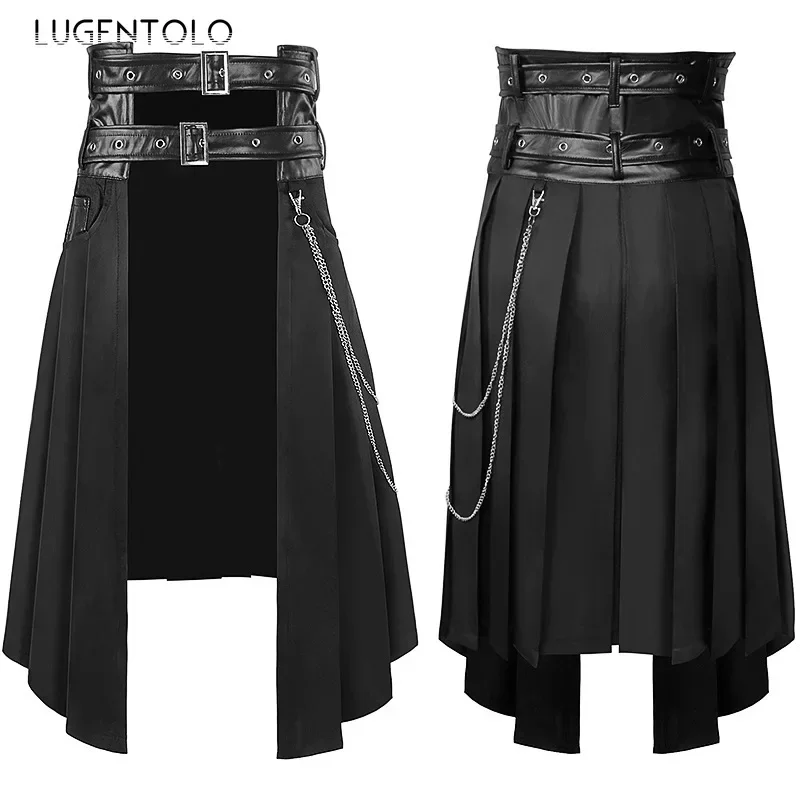 Image of Men's Punk Pleated Skirt – Dark Steampunk Gothic Asymmetric Rock Dance Fashion with Black Chain Detail