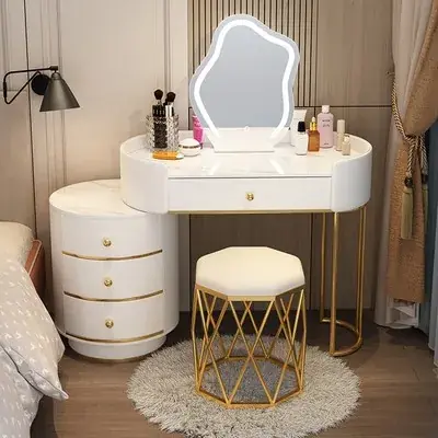 Image de Table de Vanité Luxueuse Rose & Blanc - Tabouret d'Étude Élégant