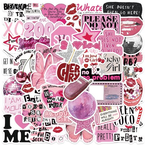 Image of Cute Pink Cartoon Graffiti Stickers for Kids – Aesthetic Decals for Fridge, Laptop, Phone, Diary & Stationery – Fun Girl-Themed Sticker Pack