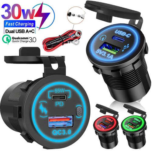 Image of 30W & 85W USB Charger Outlet with Waterproof Design – PD Type-C and QC3.0 Dual Port USB Socket for Car, Boat, Marine, Truck – 12V Universal Charging Solution