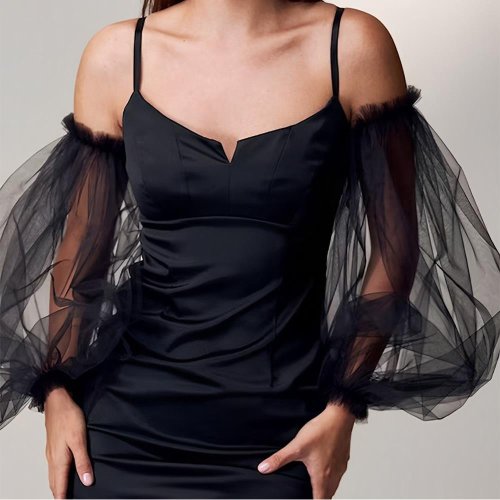 Image of Elegant Lace Arm Covers with Detachable Tulle Cuff – Long Lantern Gloves for Bridal, Wedding, and Formal Events