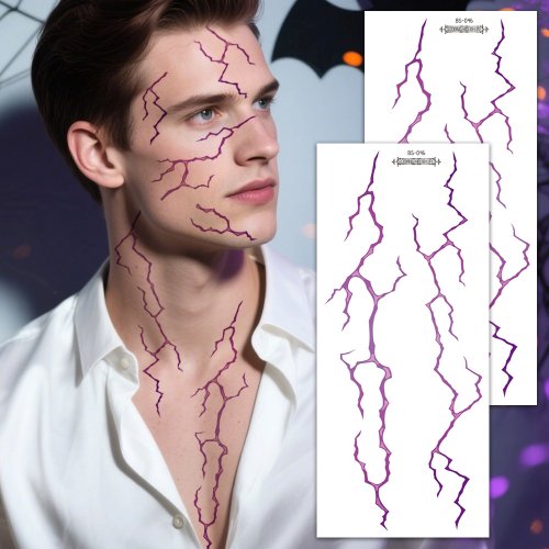 Afbeelding van 2 stuks grote realistische fake tattoo stickers met gedetailleerd zwart en rood bliksemschicht ontwerp, perfect voor Halloween feest, gezichts- en body art