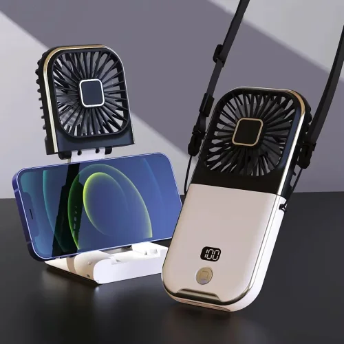 Afbeelding van Compacte USB Oplaadbare Mini Ventilator met Digitaal Display – Draagbare Halsventilator als Powerbank en Cadeau