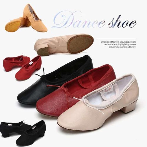 Image of Quality Dancing Shoes For Women Middle Heel Pigskin Canvas Leather Girls Women's Ballet Dance Shoes Belly Yoga Teachers's Shoes