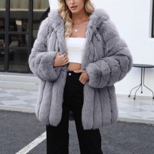 Image of Women's Solid Faux Fox Fur Coat with Turn-Down Collar, Long Sleeve, Open Stitch Design, Thick Warm Loose Fit Casual Winter Jacket for Autumn and Winter 2025
