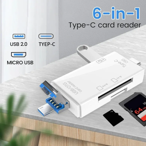 Afbeelding van 6-in-1 Multifunctionele Kaartlezer met USB 3.0 en Type-C voor TF, SD, Camera, OTG en Mobiele Apparaten – Hoge Snelheid Overdracht Adapter