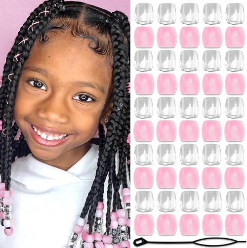 Zdjęcie Naturalne, pełne akcesoria do warkoczy – koraliki żółto-różowe i różowo-czerwone z przezroczystymi akrylowymi elementami i narzędziem do stylizacji