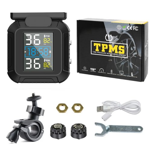 Afbeelding van Zonne-energie Motorfiets Bandenspanningsmonitor met 2 Externe Sensoren – Draadloos TPMS Systeem voor Optimale Veiligheid en Prestaties