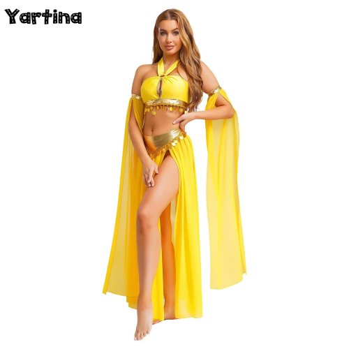 Image of Elegant Women's Oriental Indian Belly Dance Costume with Sequined Hem Crop Top and Side-Slit Skirt Featuring Built-In Briefs