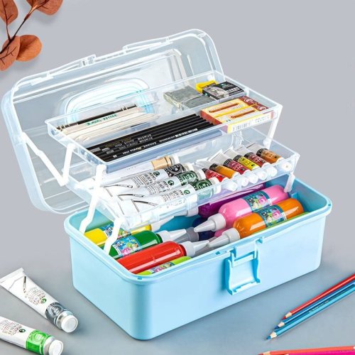 Imagen de Caja de Almacenamiento de Plástico Transparente con Tres Capas Plegable para Manualidades, Costura y Herramientas – Ideal para Estudiantes de Arte y Hogar