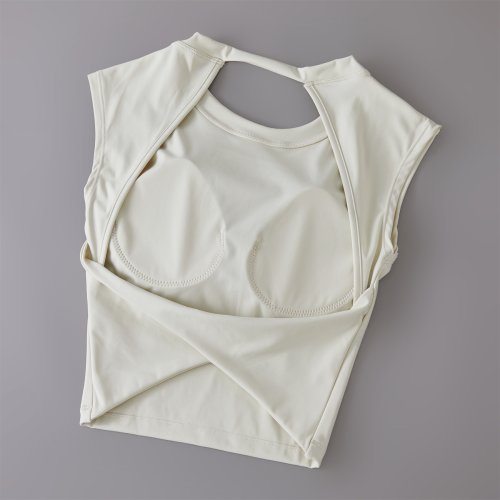 Imagen de Camiseta deportiva corta con espalda descubierta para mujer, Camiseta deportiva de manga corta con almohadilla fija para el pecho, Tops de Yoga sexys, chaleco de Fitness adelgazante de cintura