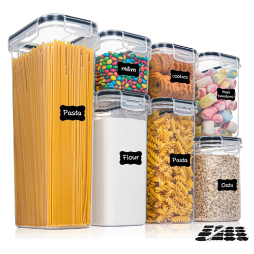 Immagine di Set di 7 Contenitori Ermetici in Plastica senza BPA per Cucina con Adesivi Personalizzabili e Penna - Organizzazione Alimentare Naturale e Sicura