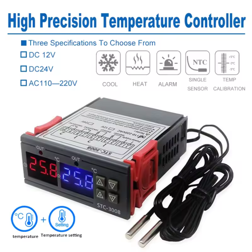 Imagen de Controlador de Temperatura Digital Dual STC-3008 con Dos Salidas de Relé para 12V, 24V y 220V - Termorregulador para Calentamiento y Refrigeración con Sonda de Precisión