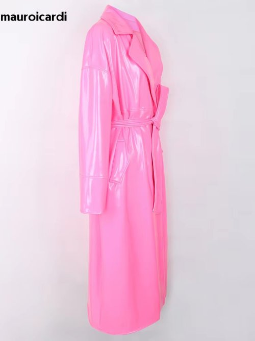 Imagen de Mauroicardi primavera largo suave fino fluido brillante reflectante PVC gabardina para mujeres fajas Y2K ropa de calle pasarela moda europea