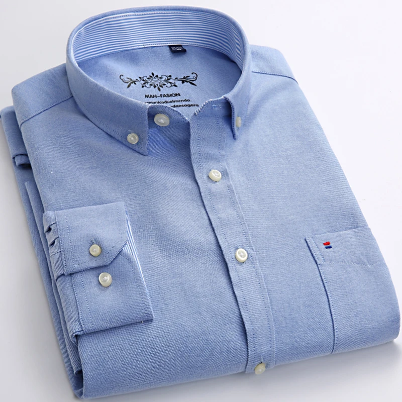 Klassiek Fit Katoenen Overhemd voor Heren - Effen Kleur, Lange Mouwen, Slim Fit met Enkele Borstzakje