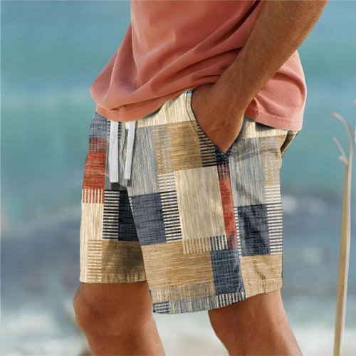 Image of 2025 Men's Plaid Color Block Resort-Style 3D Printed Geometric Board Shorts with Elastic Drawstring – Hawaiian-Inspired Beach Swim Trunks for Summer Holidays