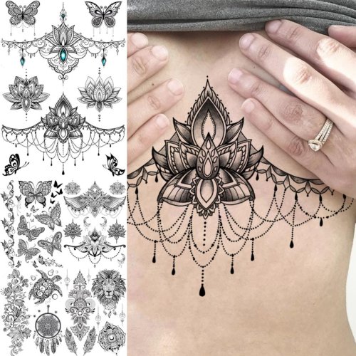 Bild von Natürliche temporäre Tattoo-Set mit Lotus, Henna-Mandala & Tiermotiven – Wasserfeste Brusttattoos für Frauen, Underboob-Designs mit Schmetterling, Schildkröte und Löwe