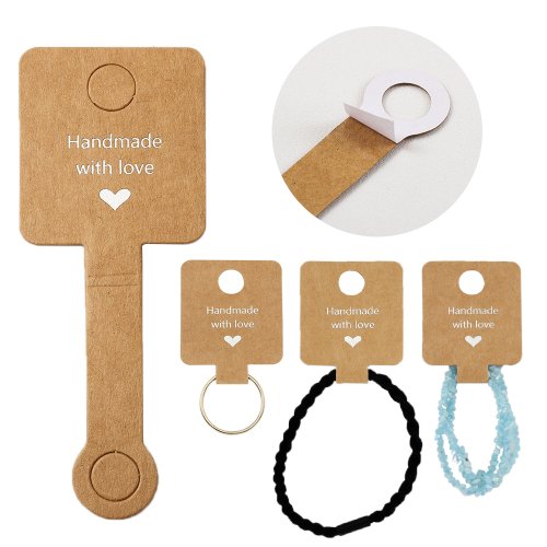 Bild von 50 Stück Selbstklebende Kraftpapier-Karten 4x10 cm – Elegante Hänger für Armbänder, Halsketten und Schmuck zur Präsentation im Einzelhandel