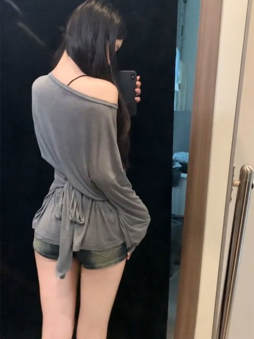 Immagine di Vedere attraverso la maglietta oversize a maniche lunghe da donna sexy fasciatura posteriore con spalle scoperte top femminile basic magliette lunghe coreano chic lady nuovo
