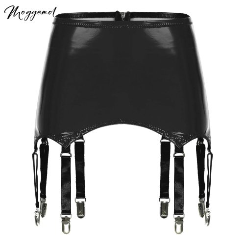 Image of Elegant Women's Wet Look Mini Skirt with Leather Garters and Metal Clips Suspender Belt – Stylish Clubwear & Costume Underwear