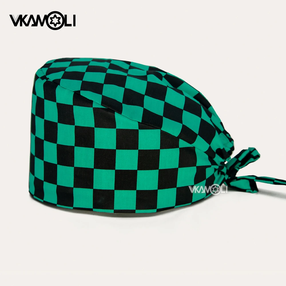 Imagen de Gorro de cirugía con estampado de cuadros verdes para mujer, gorro de algodón transpirable para quirófano, gorro para trabajo de laboratorio, accesorios para enfermeras para hombres y mujeres