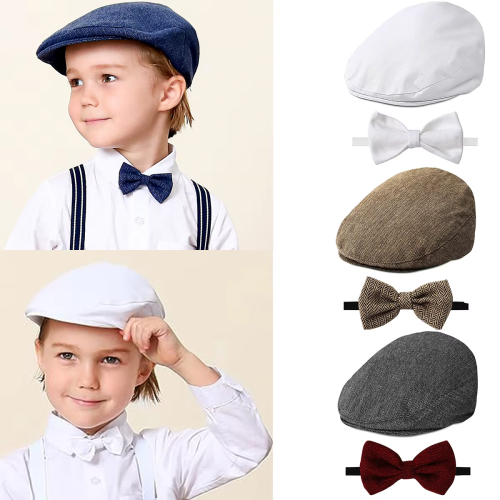 Zdjęcie Elegancka czapka niemowlęca z muszką – vintage beret dla noworodka, idealna na chrzest i urodziny, akcesoria dziecięce w stylu retro