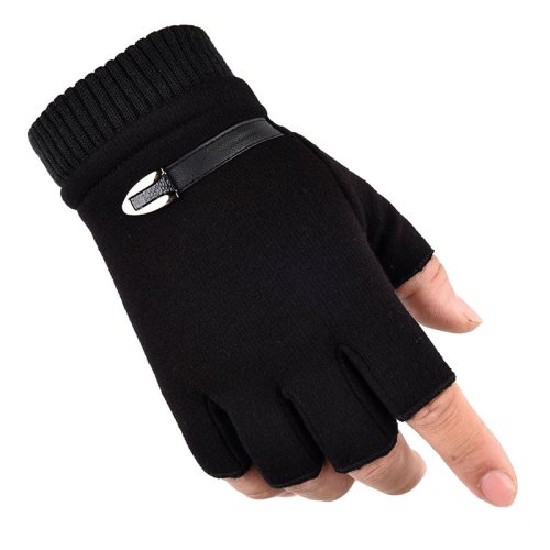 Afbeelding van Herfst-Winter Fleece Gevoerde Halve Vingers Handschoenen voor Mannen – Warme Outdoor Handschoenen met Stijlvolle Punk & Hip Hop Look