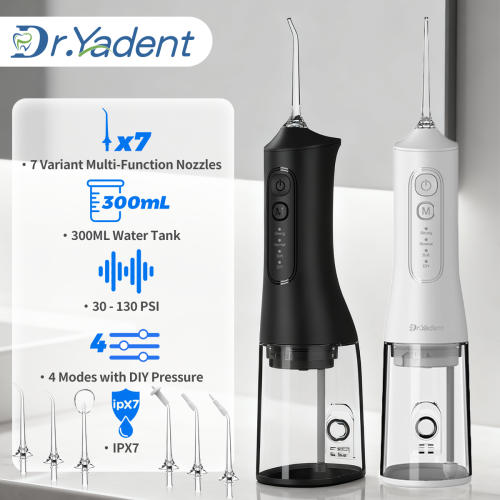 Imagen de Irrigador Oral Inalámbrico Dr. Yadent YD06 con Carga Rápida USB-C, 300ml, 7 Boquillas Interchangeables y 4 Modos de Presión, Impermeable IPX7, Portátil para Cuidado Dental Diario
