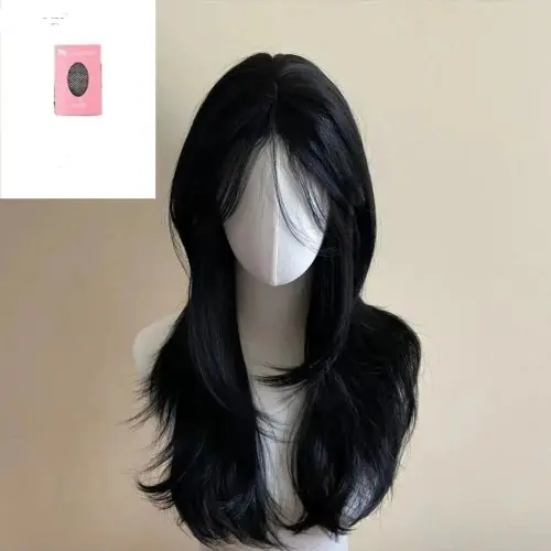 Image de Perruque Noire Ondulée avec Bandeau Rose - Cheveux Synthétiques Haute Qualité