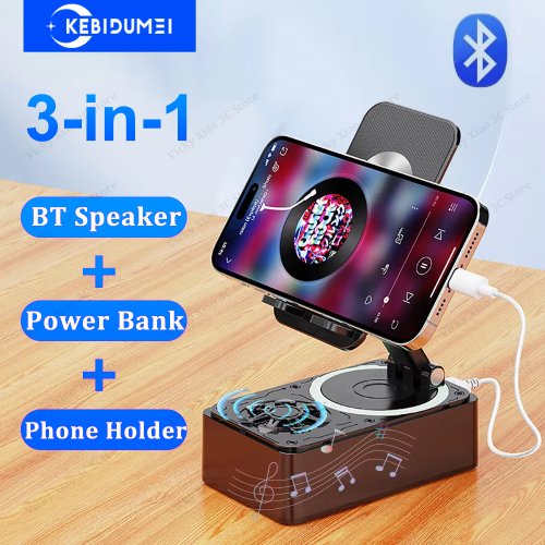 Immagine di Altoparlante Bluetooth 3 in 1 con Power Bank, Supporto Pieghevole per Telefono e Cuscinetti Antiscivolo – Ideale per Videochiamate e Uso Portatile