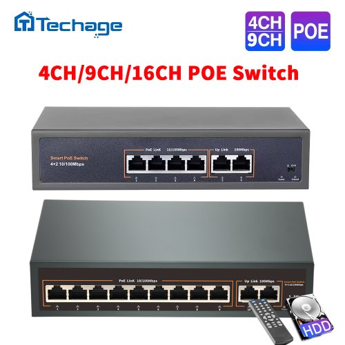 Image of Techage 52V 4/8/16-Port Network PoE Switch with 10/100Mbps IEEE 802.3af/at for IP Cameras, Wireless APs, and CCTV Systems