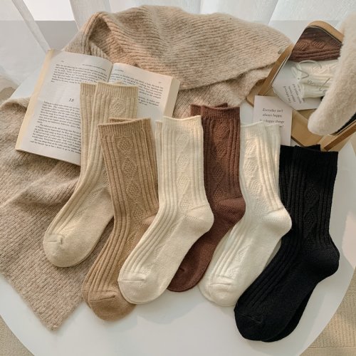 Afbeelding van Warmtegevende Kasjmierwollen Dames Sokken - Winterdik, Thermisch, Zwart & Wit Pack Set in Japanse Stijl met Effen Kleur
