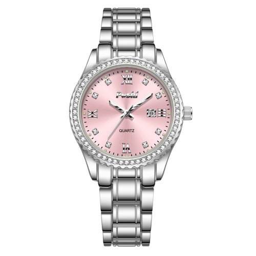 Imagen de Reloj de Pulsera para Mujer Poshi 990, Elegante y de Negocios con Esfera Rosa, Correa de Vestir Casuales, Cuarzo con Indicador de Fecha
