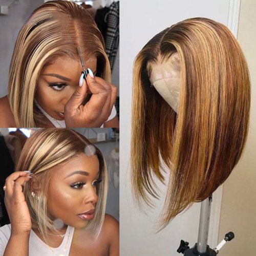 Imagen de Peluca Bob Corto de Cabello Humano Liso con Frontal de Encaje 13x4, Color Rubio Miel, Ideal para Mujeres que Buscan un Look Natural y Elegante