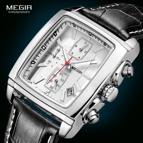 Bild von Megir Herren-Armbanduhr mit Rechteck-Zifferblatt, Lederarmband, Blau, Chronograph, Quarz-Uhr – Elegante Casual-Uhr für Männer