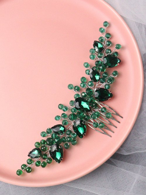 Image of Elegant Green Rhinestone Bridal Hair Comb with Crystal Accents – Vintage-Inspired Wedding Headpiece for Brides and Bridesmaids