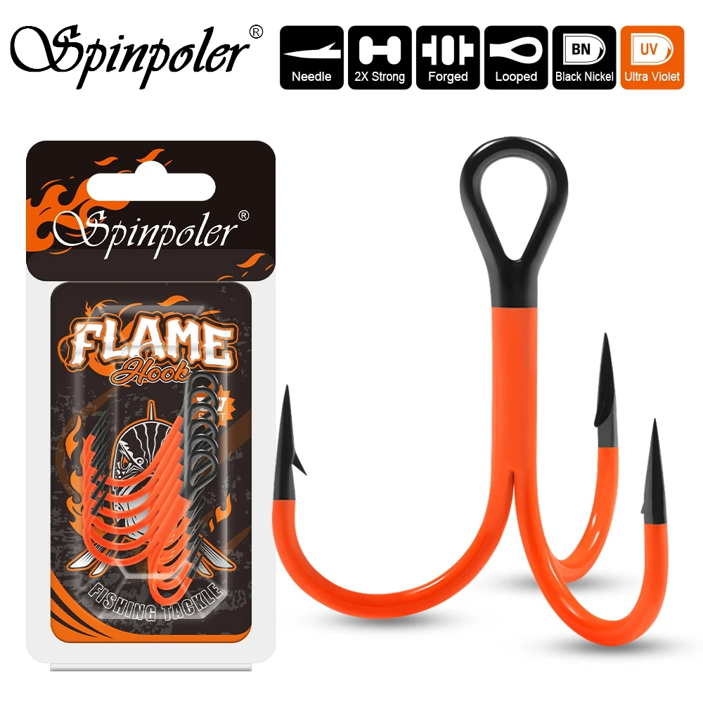 Image of Spinpoler Flame Treble Fishing Hook with UV Active Violet Paint, 2X Strong Hi-Carbon Steel Soft Bait Rig for Swimbait Tackle